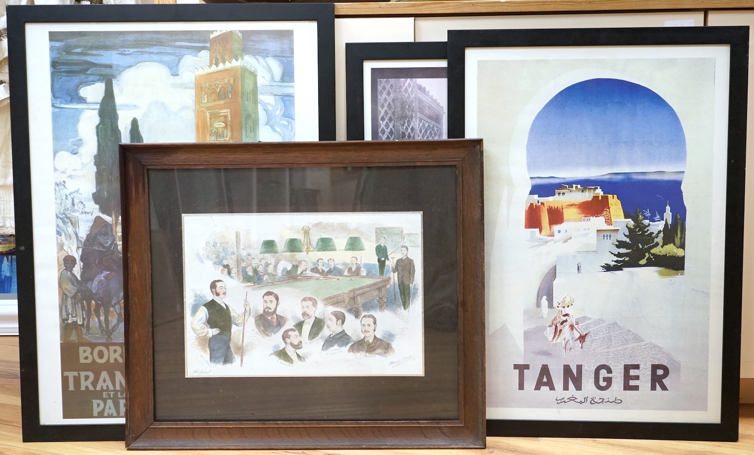 Three Contemporary printed posters to include Tanger and Meknes, in the Art Deco style together with a colour print of snooker players, largest 66 x 40cm